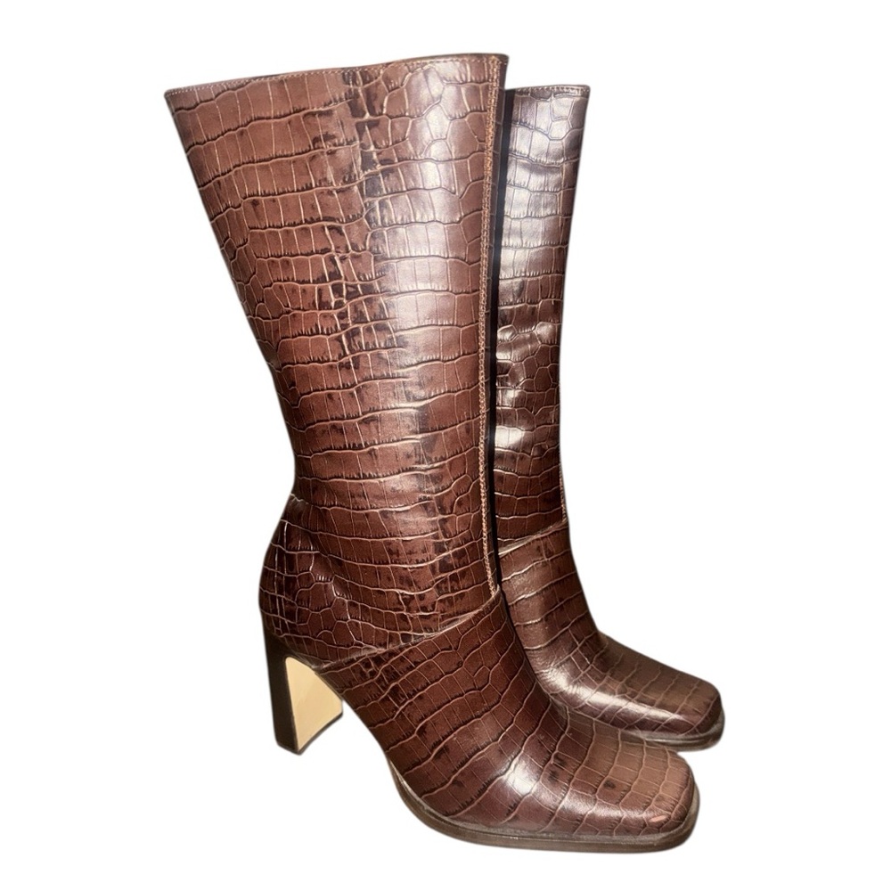 White Mountain Womens 4” Brown Croc Embossed Heeled Boots Size 7.5M Mid-Calf Zip